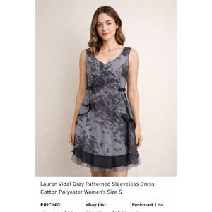 Lauren Vidal Gray Abstract Sleeveless Dress Ruffle Hem Women S